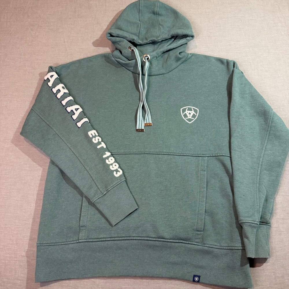 Ariat Hoodie Women S Green Excellent Pullover Logo Sleeve Graphic Fleece